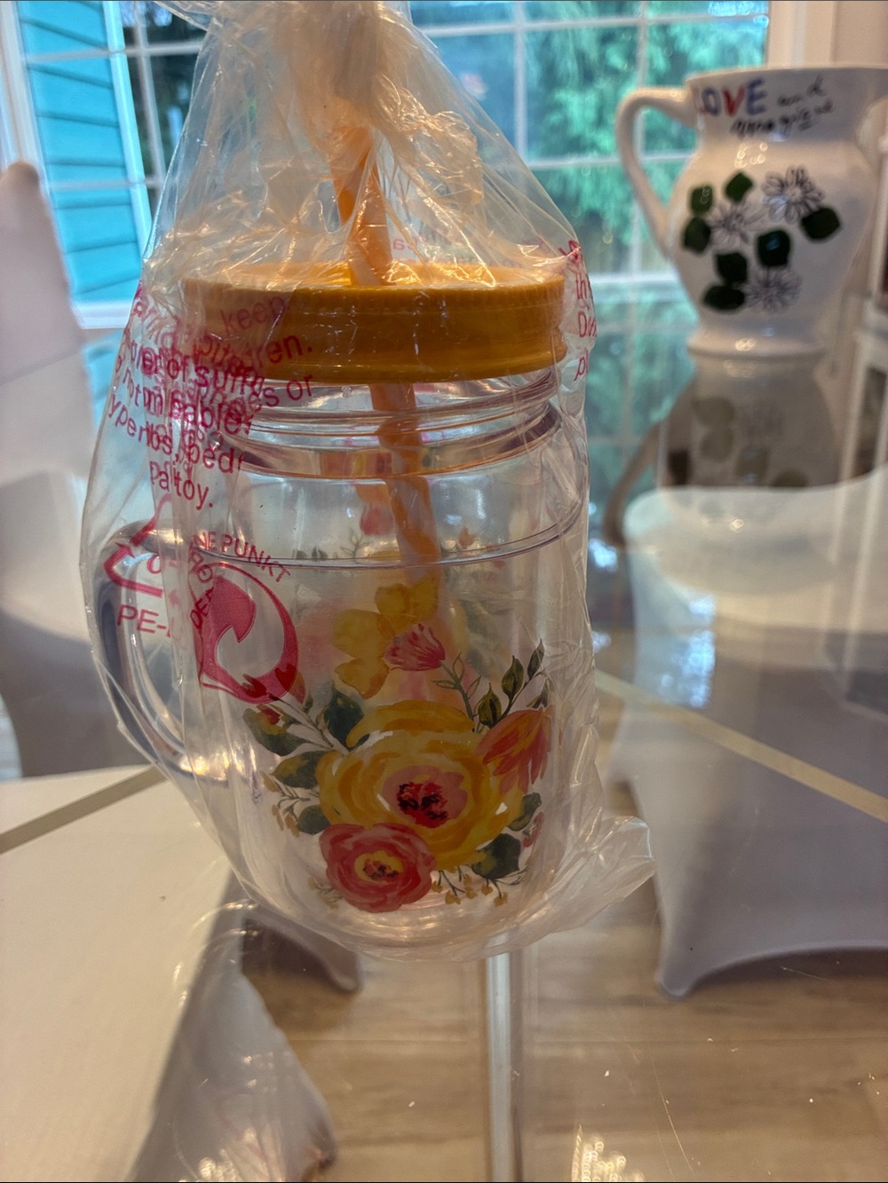 The Pioneer Woman Yellow and Pink Floral Double-Wall Tumbler with Straw
